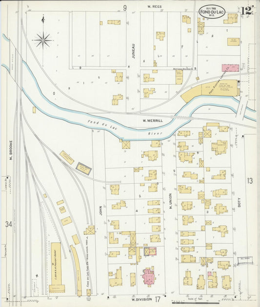 Sanborn Fire Insurance Map from Fond du Lac, Fond du Lac County, Wisconsin (1908), Sheet #0012 - Historic Sanborn Fire Insurance Map Print, vintage old map wall art, antique decor, genealogy gift, Wisconsin Wisconsin map