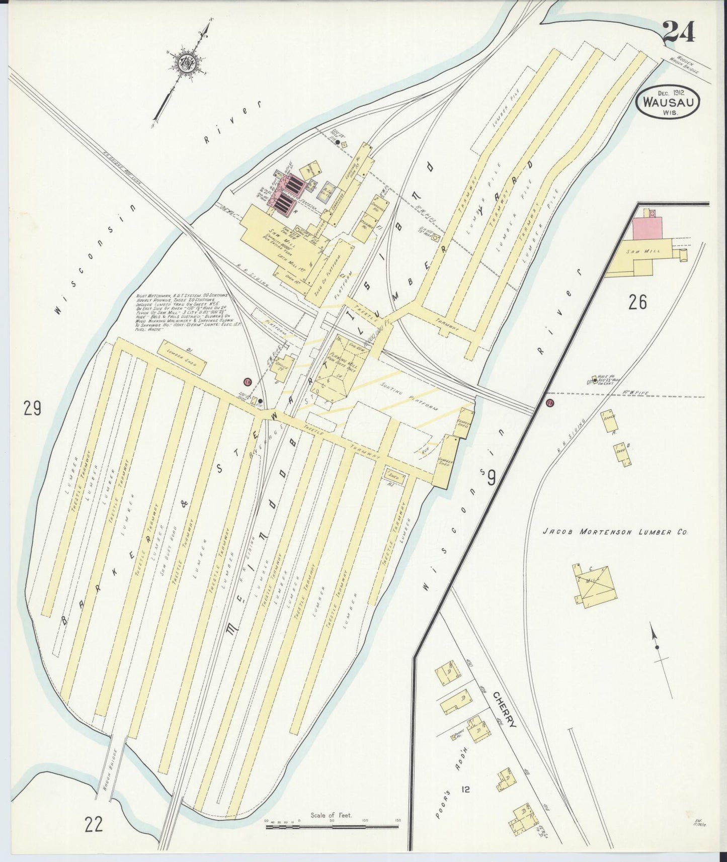 Sanborn Fire Insurance Map from Wausau, Marathon County, Wisconsin (1912), Sheet #0024 - Historic Sanborn Fire Insurance Map Print, vintage old map wall art, antique decor, genealogy gift, Wisconsin Wisconsin map