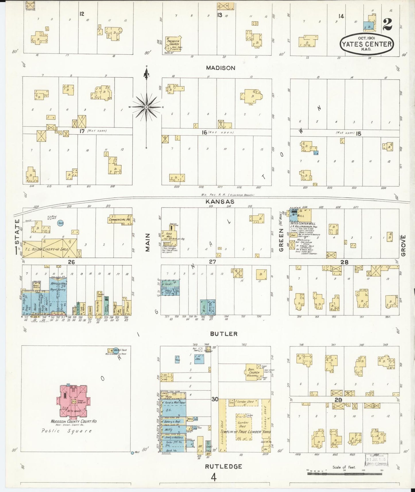 Sanborn Fire Insurance Map from Yates Center, Woodson County, Kansas (1901), Sheet #0002 - Historic Sanborn Fire Insurance Map Print, vintage old map wall art, antique decor, genealogy gift, Kansas Kansas map