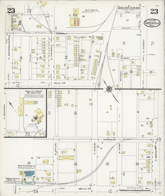 Sanborn Fire Insurance Map from Greenville, Washington County, Mississippi (1925), Sheet #0023 - Historic Sanborn Fire Insurance Map Print, vintage old map wall art, antique decor, genealogy gift, Mississippi Mississippi map