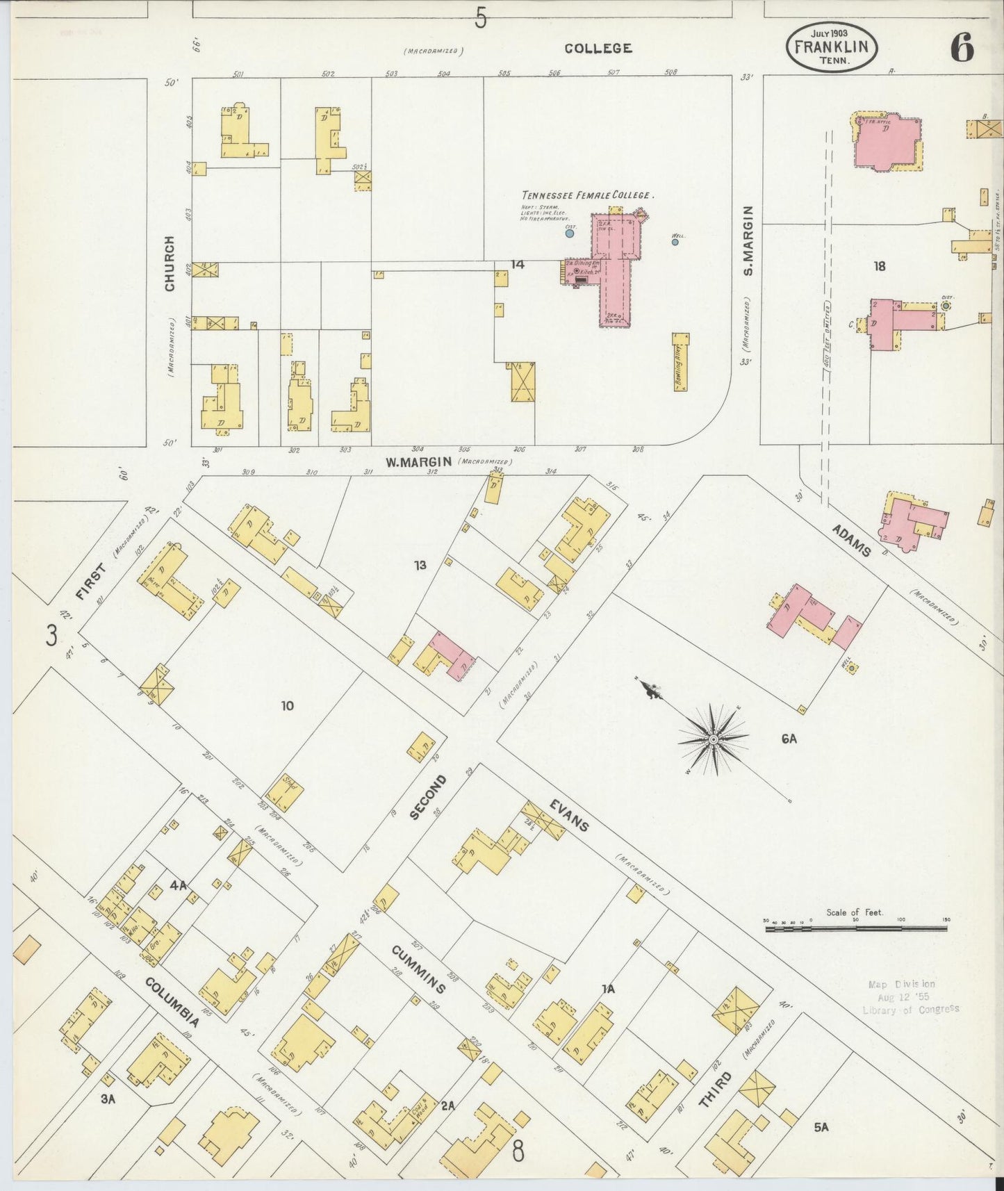 Sanborn Fire Insurance Map from Franklin, Williamson County, Tennessee (1903), Sheet #0006 - Historic Sanborn Fire Insurance Map Print, vintage old map wall art, antique decor, genealogy gift, Tennessee Tennessee map