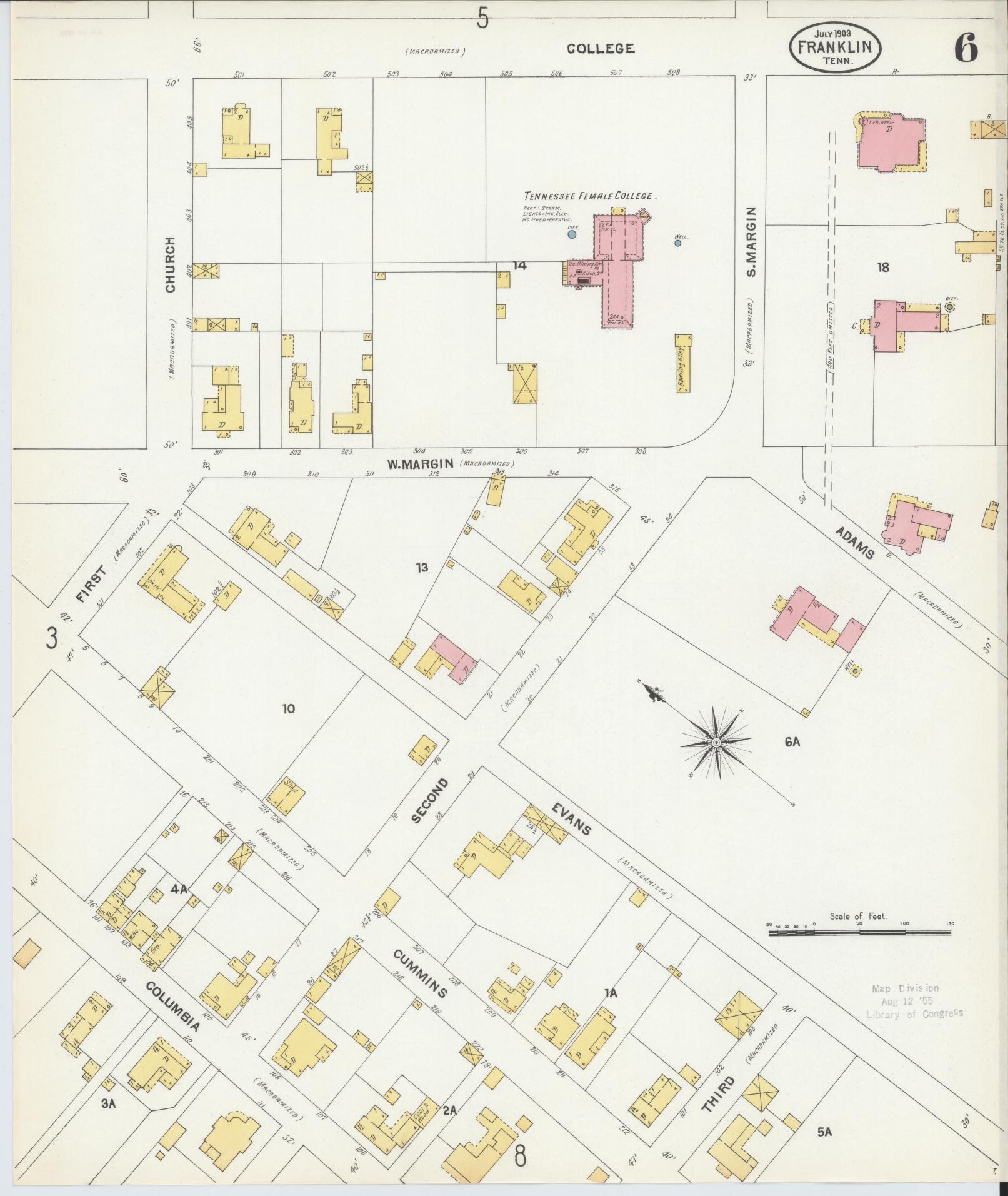 Sanborn Fire Insurance Map from Franklin, Williamson County, Tennessee (1903), Sheet #0006 - Historic Sanborn Fire Insurance Map Print, vintage old map wall art, antique decor, genealogy gift, Tennessee Tennessee map