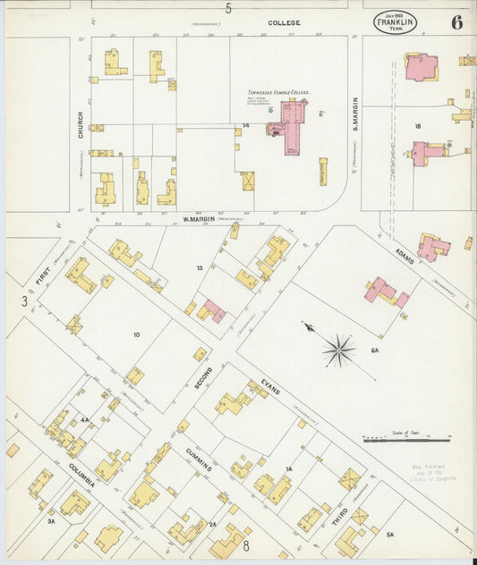 Sanborn Fire Insurance Map from Franklin, Williamson County, Tennessee (1903), Sheet #0006 - Historic Sanborn Fire Insurance Map Print, vintage old map wall art, antique decor, genealogy gift, Tennessee Tennessee map