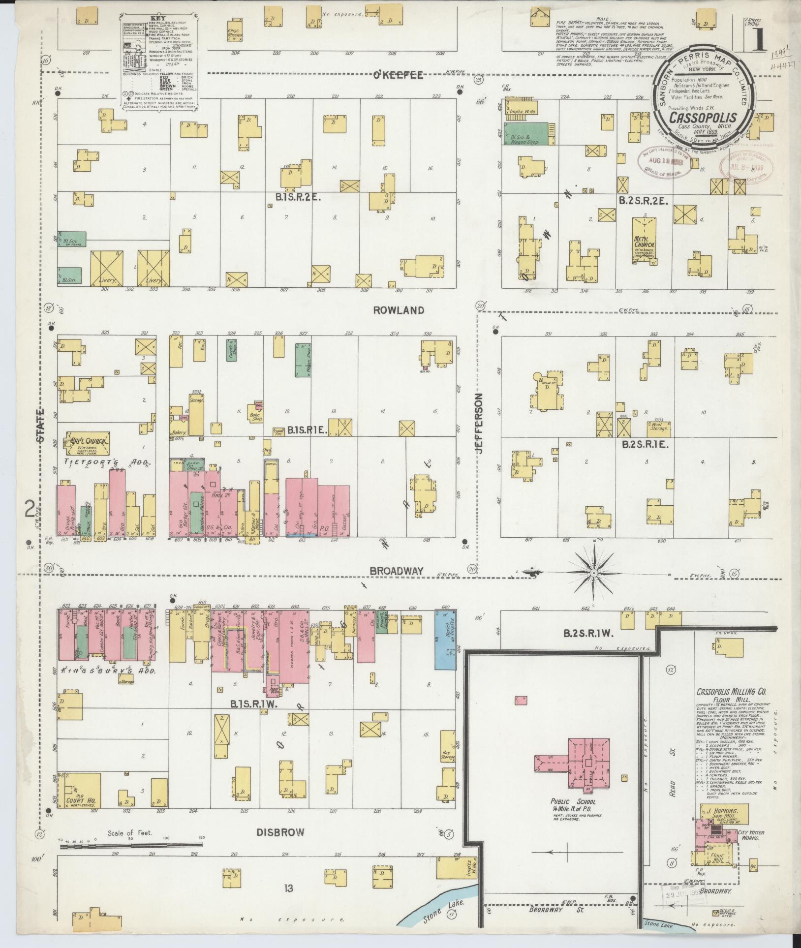 Sanborn Fire Insurance Map from Cassopolis, Cass County, Michigan (1899), Sheet #0001 - Historic Sanborn Fire Insurance Map Print, vintage old map wall art, antique decor, genealogy gift, Michigan Michigan map