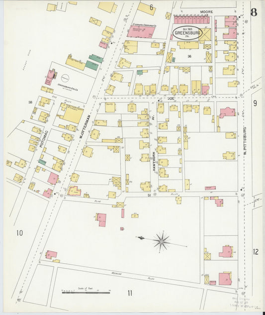 Sanborn Fire Insurance Map from Greensburg, Westmoreland County, Pennsylvania (1903), Sheet #0008 - Historic Sanborn Fire Insurance Map Print, vintage old map wall art, antique decor, genealogy gift, Pennsylvania Pennsylvania map