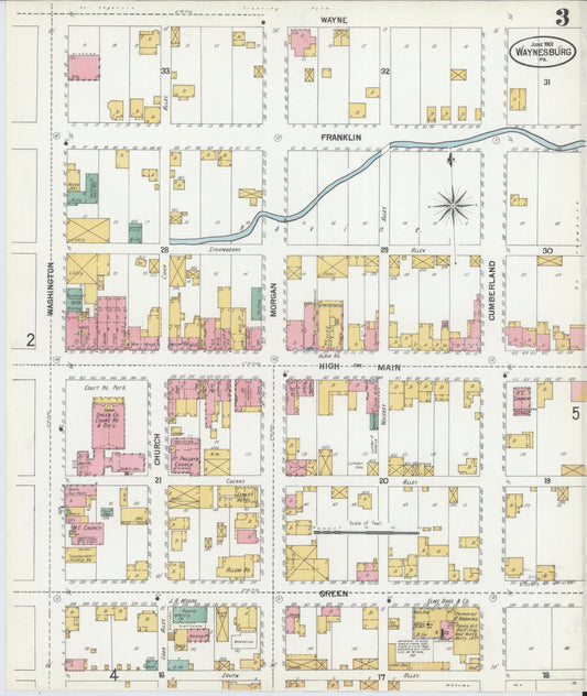 Sanborn Fire Insurance Map from Waynesburg, Greene County, Pennsylvania (1901), Sheet #0003 - Historic Sanborn Fire Insurance Map Print, vintage old map wall art, antique decor, genealogy gift, Pennsylvania Pennsylvania map
