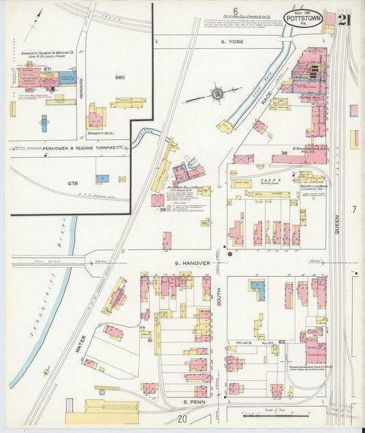 Sanborn Fire Insurance Map from Pottstown, Montgomery County, Pennsylvania (1916), Sheet #0021 - Historic Sanborn Fire Insurance Map Print, vintage old map wall art, antique decor, genealogy gift, Pennsylvania Pennsylvania map
