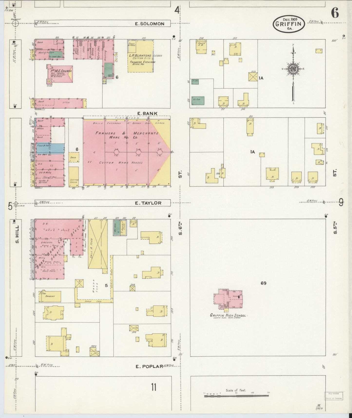 Sanborn Fire Insurance Map from Griffin, Spalding County, Georgia (1909), Sheet #0006 - Complete Map Set gallery image, historic Sanborn map, vintage wall art, Georgia Georgia