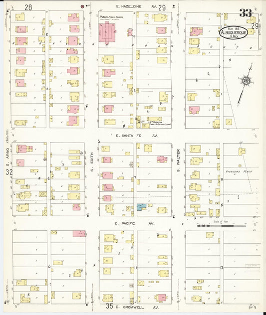 Sanborn Fire Insurance Map from Albuquerque, Bernalillo County, New Mexico (1913), Sheet #0033 - Historic Sanborn Fire Insurance Map Print, vintage old map wall art, antique decor, genealogy gift, New Mexico New Mexico map