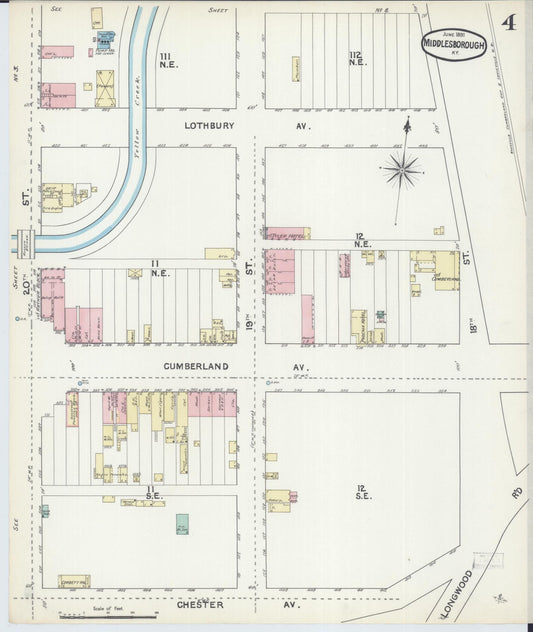 Sanborn Fire Insurance Map from Middlesboro, Bell County, Kentucky (1891), Sheet #0004 - Historic Sanborn Fire Insurance Map Print, vintage old map wall art, antique decor, genealogy gift, Kentucky Kentucky map