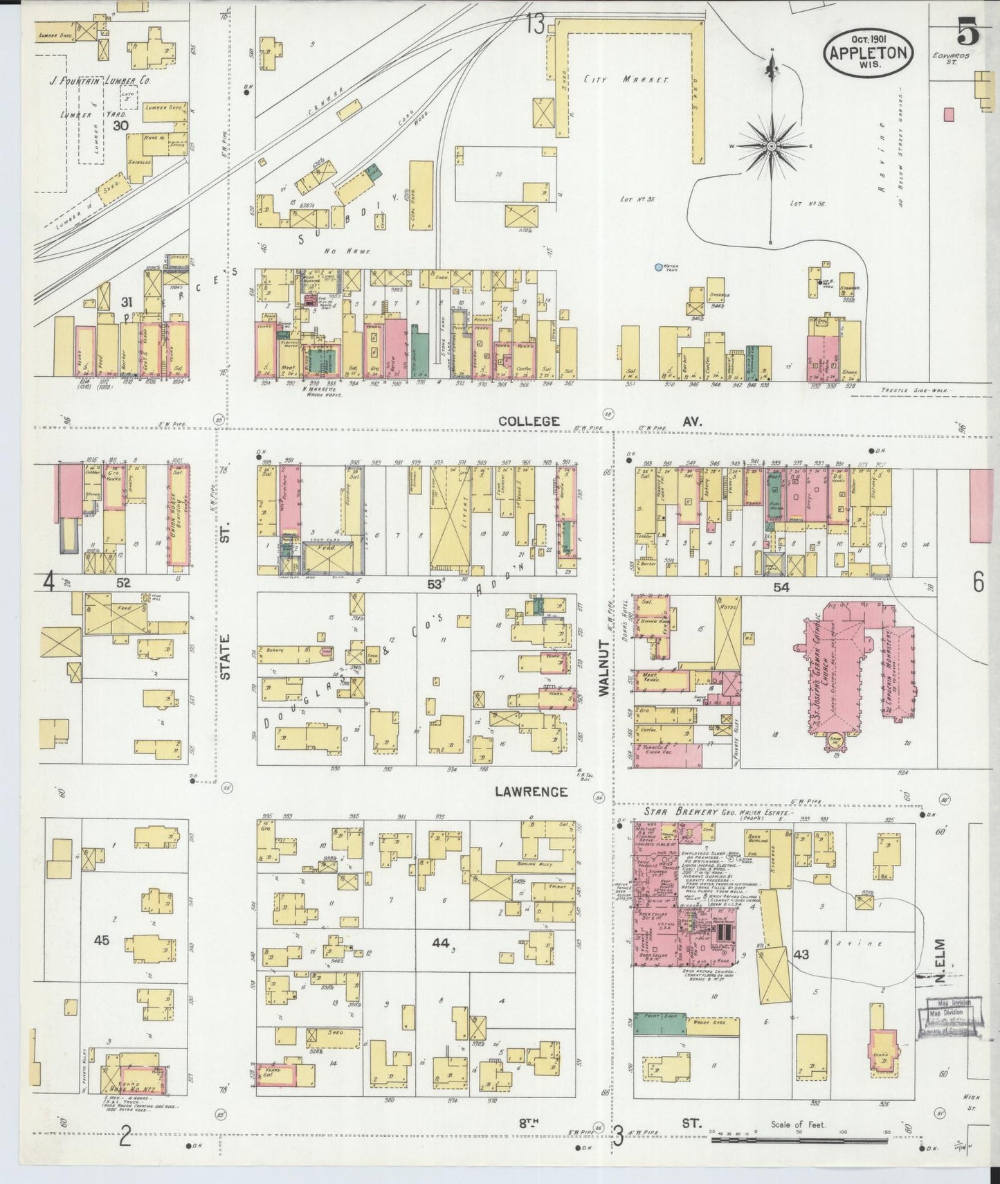 Sanborn Fire Insurance Map from Appleton, Outagamie County, Wisconsin (1901), Sheet #0005 - Historic Sanborn Fire Insurance Map Print, vintage old map wall art, antique decor, genealogy gift, Wisconsin Wisconsin map