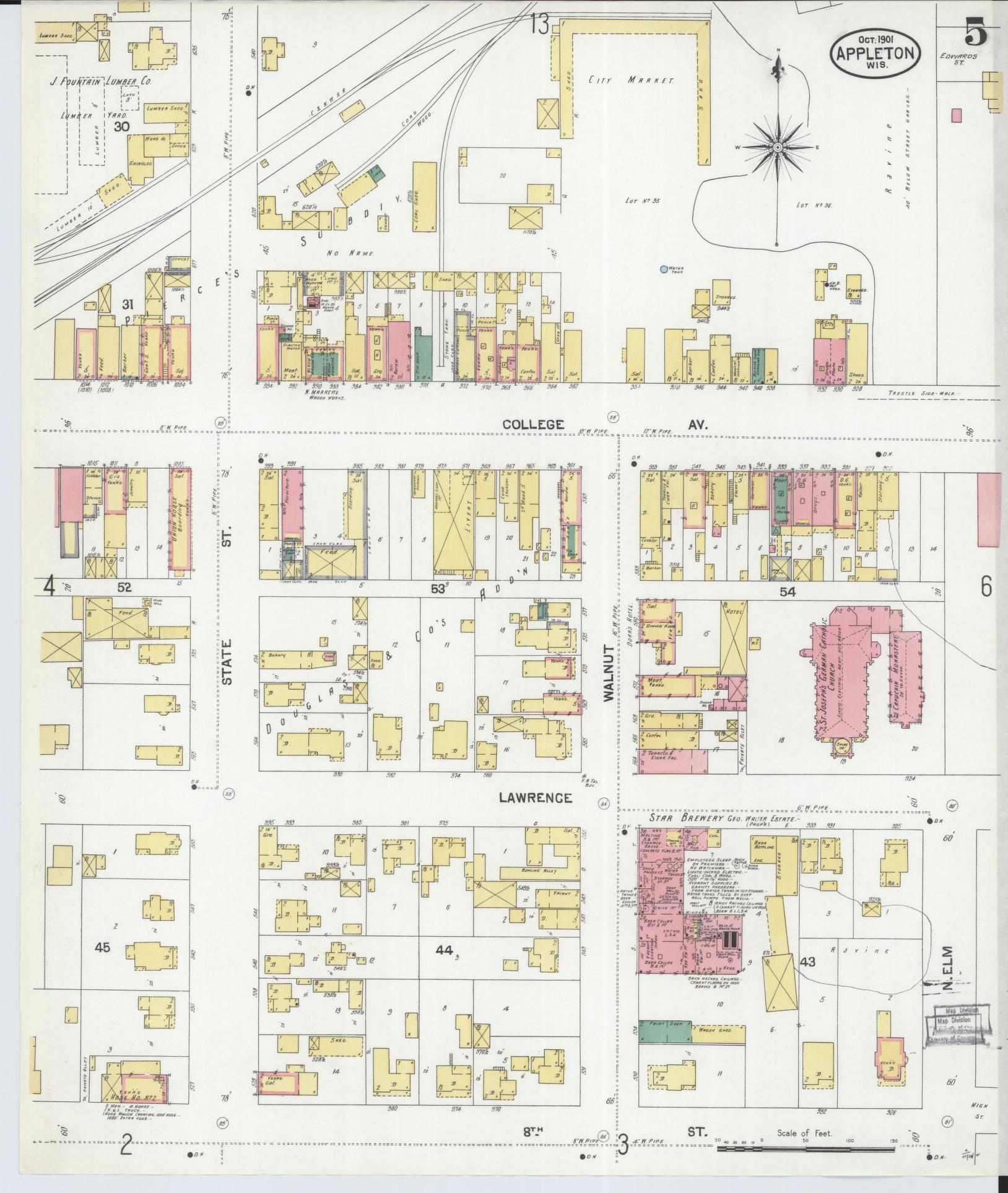Sanborn Fire Insurance Map from Appleton, Outagamie County, Wisconsin (1901), Sheet #0005 - Historic Sanborn Fire Insurance Map Print, vintage old map wall art, antique decor, genealogy gift, Wisconsin Wisconsin map