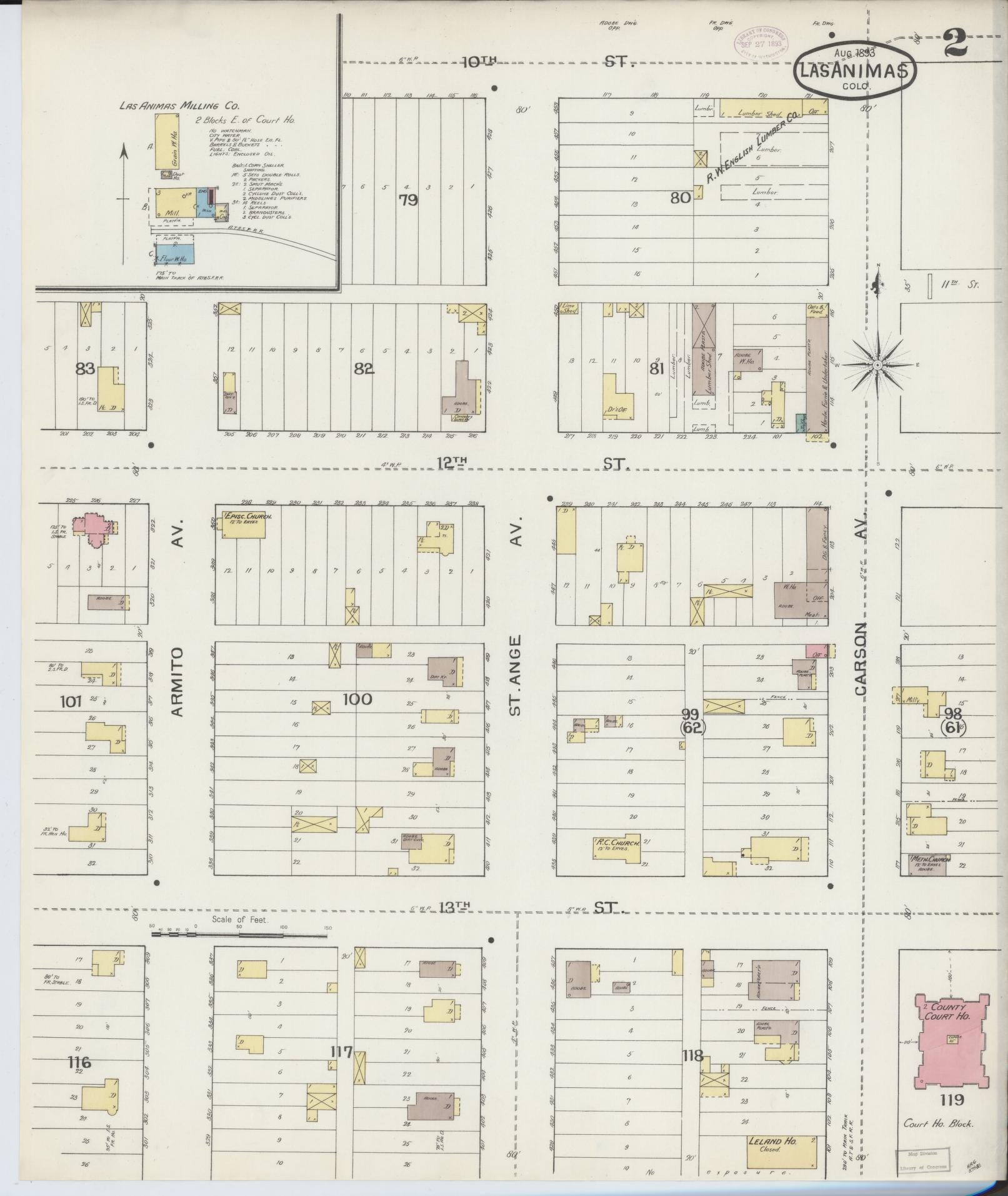 Sanborn Fire Insurance Map from Las Animas, Bent County, Colorado (1893), Sheet #0002 - Historic Sanborn Fire Insurance Map Print, vintage old map wall art, antique decor, genealogy gift, Colorado Colorado map