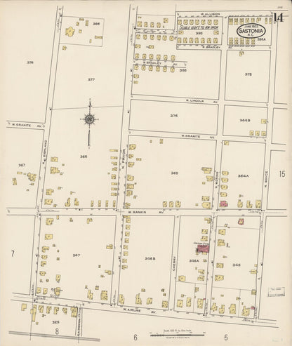 Sanborn Fire Insurance Map from Gastonia, Gaston County, North Carolina (1922), Sheet #0014 - Historic Sanborn Fire Insurance Map Print, vintage old map wall art, antique decor, genealogy gift, North Carolina North Carolina map