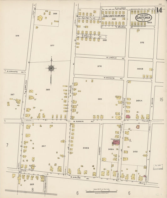 Sanborn Fire Insurance Map from Gastonia, Gaston County, North Carolina (1922), Sheet #0014 - Historic Sanborn Fire Insurance Map Print, vintage old map wall art, antique decor, genealogy gift, North Carolina North Carolina map