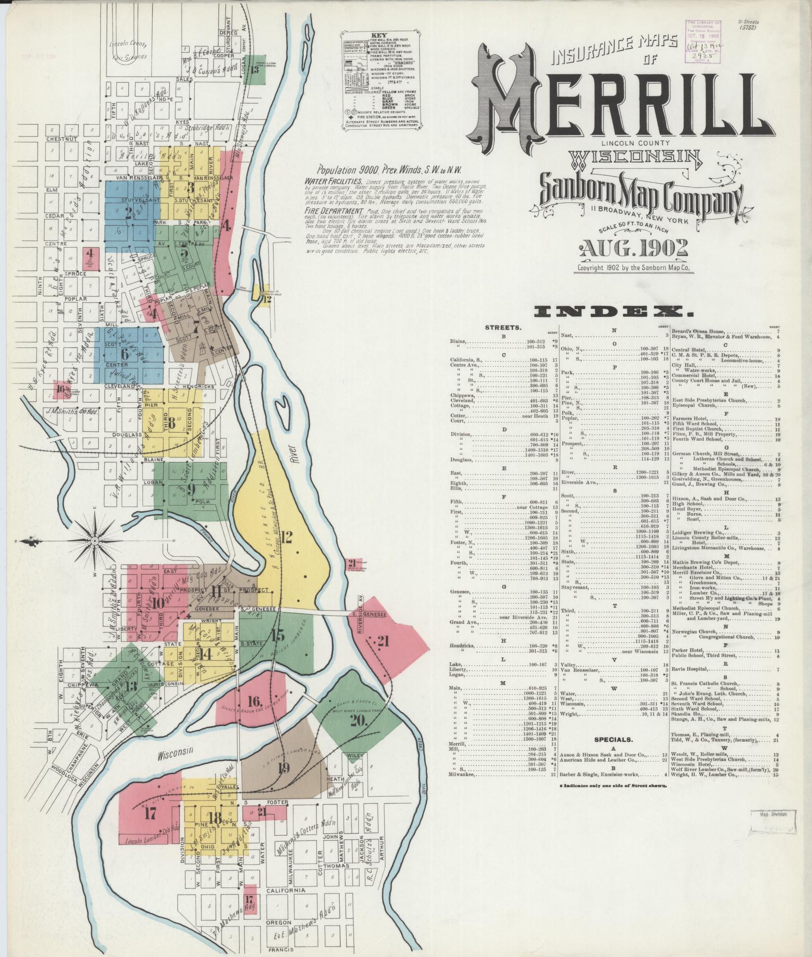 Sanborn Fire Insurance Map from Merrill, Lincoln County, Wisconsin (1902), Sheet #0001 - Historic Sanborn Fire Insurance Map Print, vintage old map wall art, antique decor, genealogy gift, Wisconsin Wisconsin map