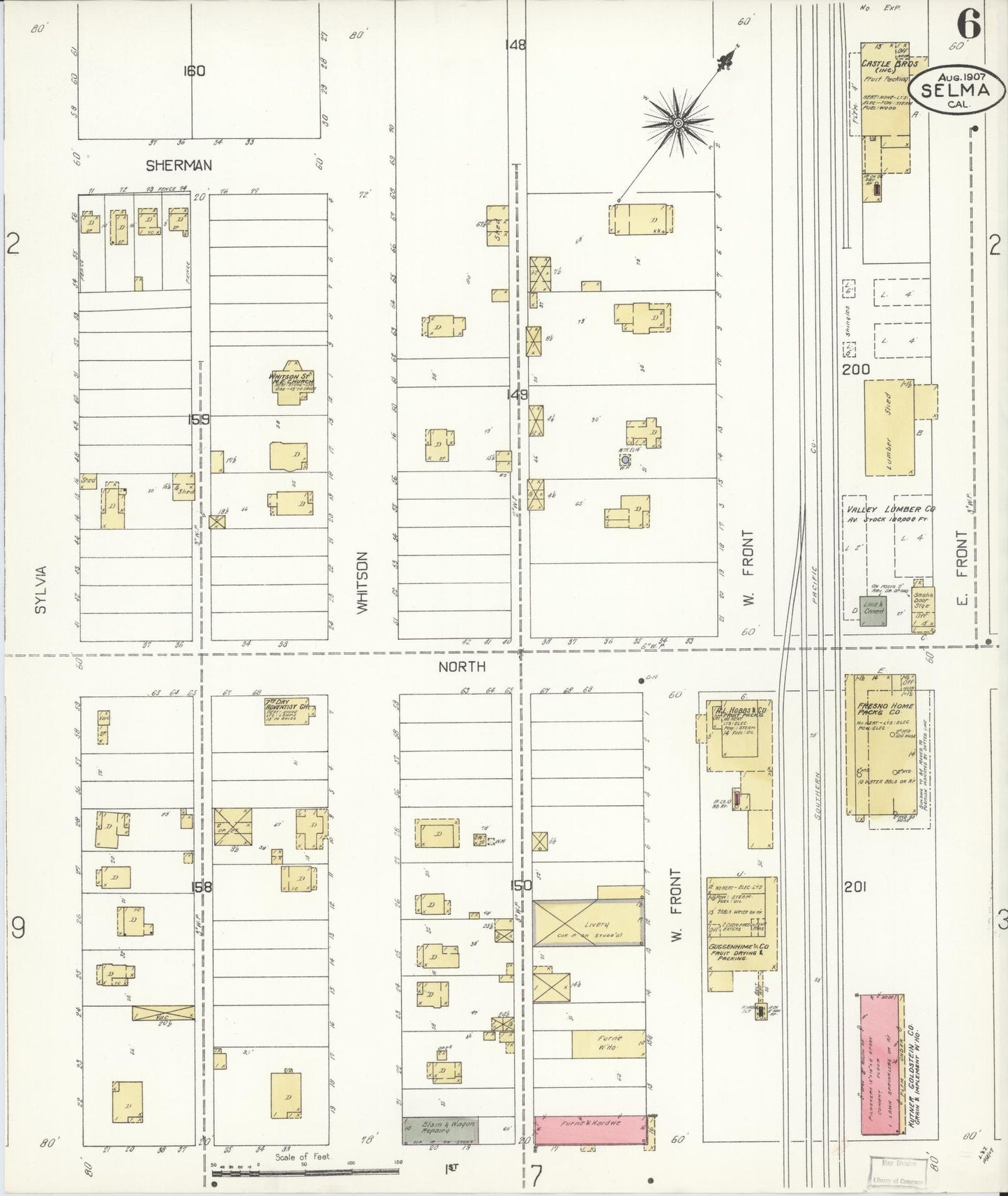 Sanborn Fire Insurance Map from Selma, Fresno County, California (1907), Sheet #0006 - Complete Map Set gallery image, historic Sanborn map, vintage wall art, California California