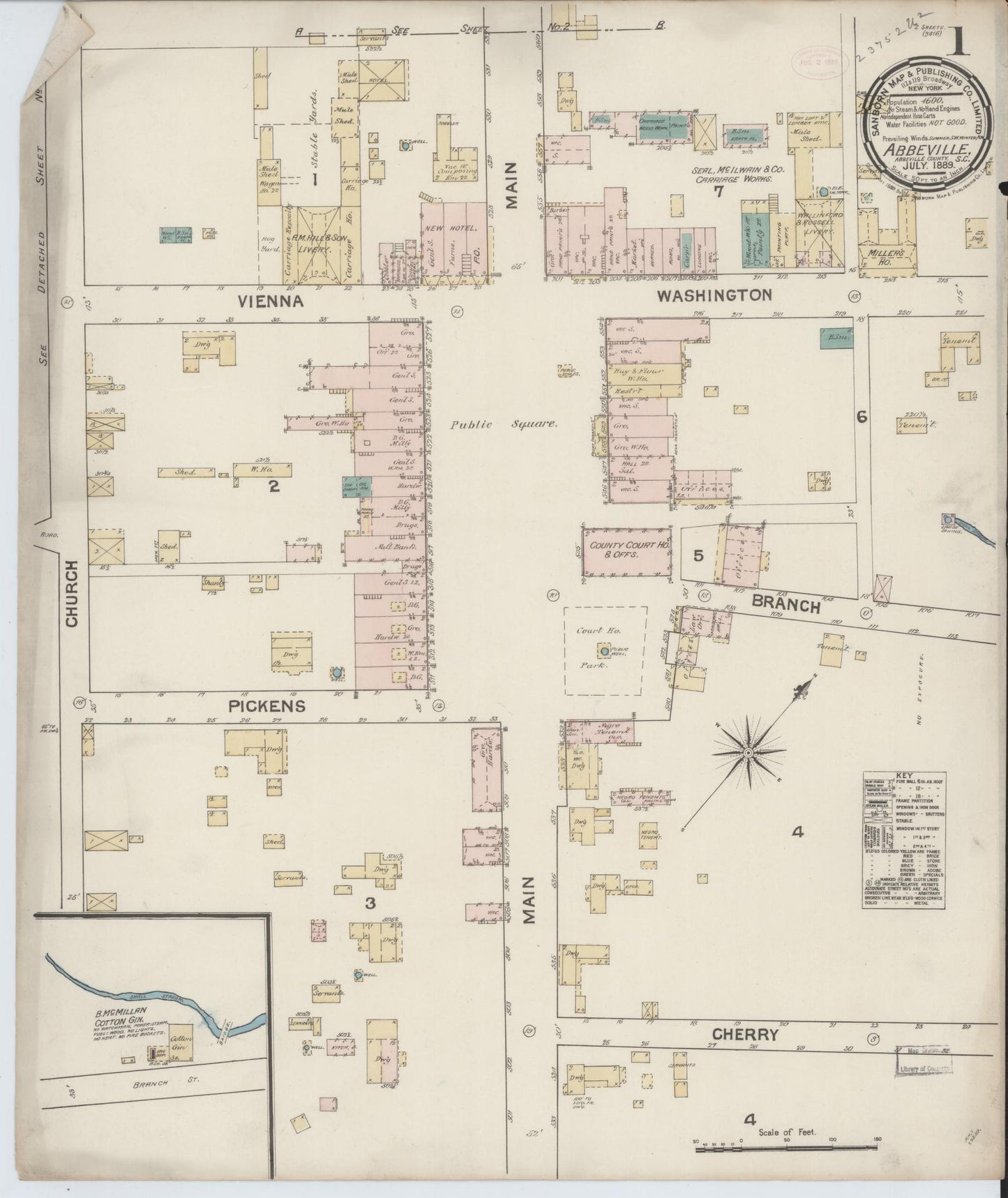 Sanborn Fire Insurance Map from Abbeville, Abbeville County, South Carolina. (1889) – Historic Sanborn Fire Insurance Map Print