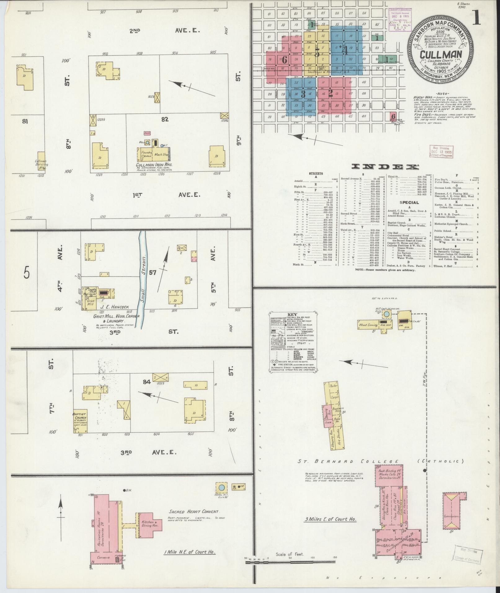 Sanborn Fire Insurance Map from Cullman, Cullman County, Alabama (1905), Sheet #0001 - Historic Sanborn Fire Insurance Map Print, vintage old map wall art, antique decor, genealogy gift, Alabama Alabama map