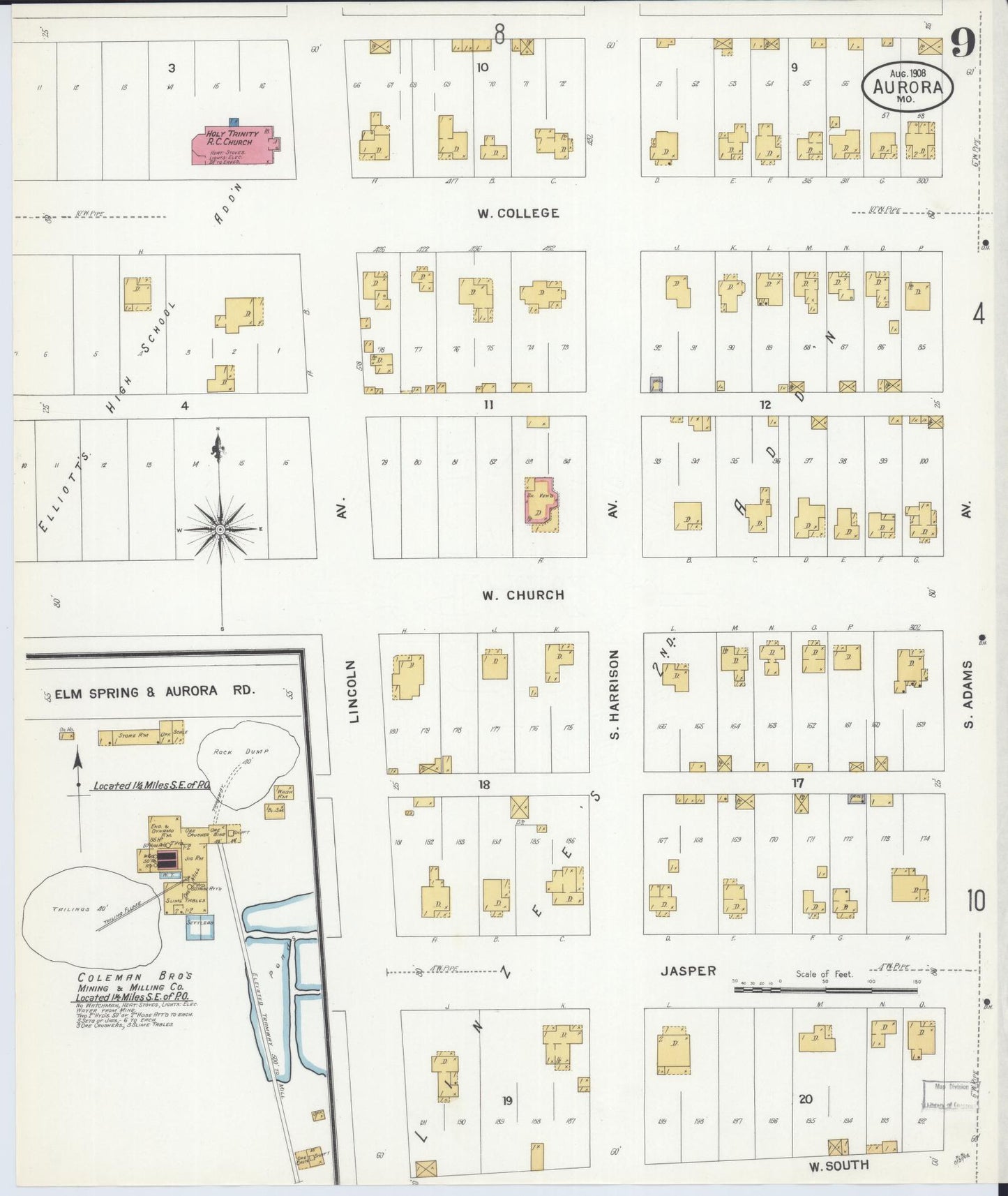 Sanborn Fire Insurance Map from Aurora, Lawrence County, Missouri (1908), Sheet #0009 - Complete Map Set gallery image, historic Sanborn map, vintage wall art, Missouri Missouri