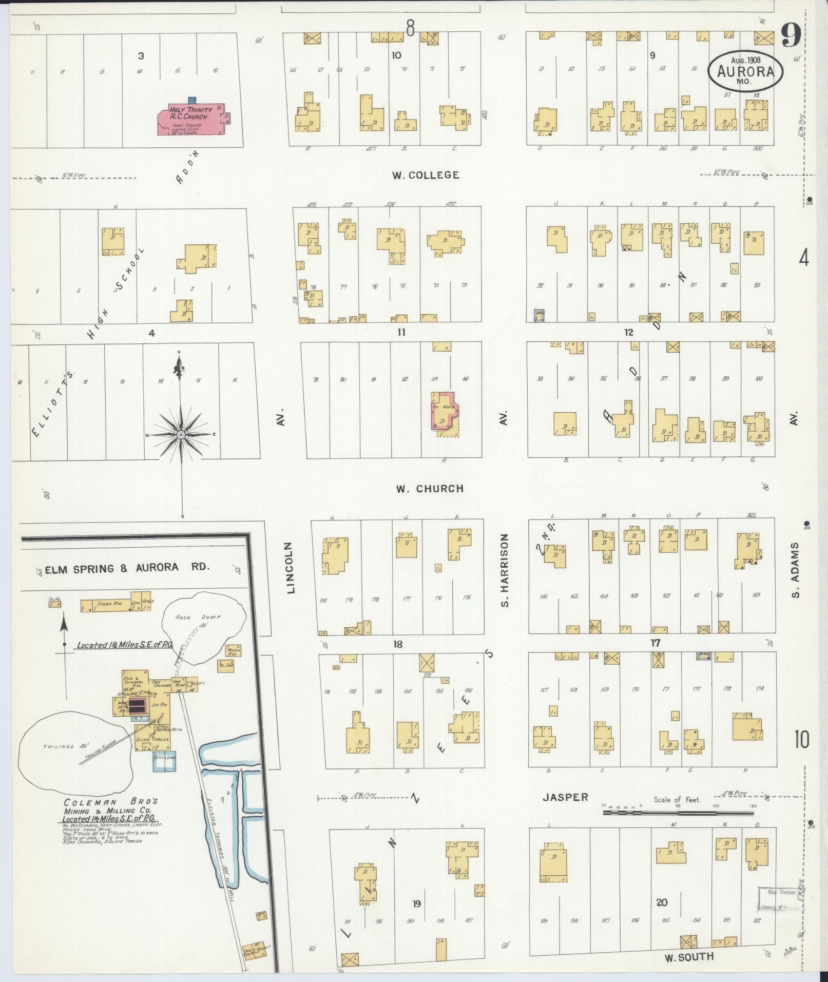 Sanborn Fire Insurance Map from Aurora, Lawrence County, Missouri (1908), Sheet #0009 - Complete Map Set gallery image, historic Sanborn map, vintage wall art, Missouri Missouri
