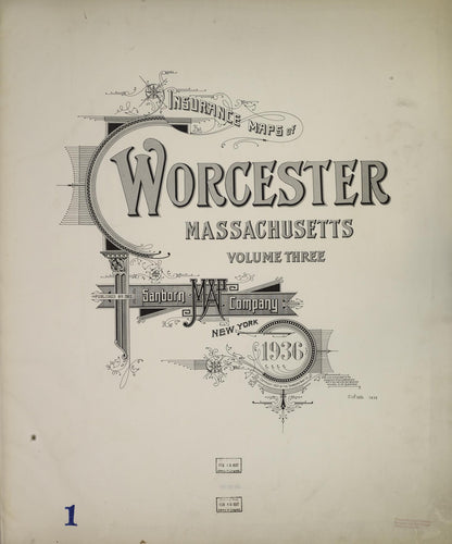 Sanborn Fire Insurance Map from Worcester, Worcester County, Massachusetts (1936), Sheet #0001 - Complete Map Set gallery image, historic Sanborn map, vintage wall art, Massachusetts Massachusetts
