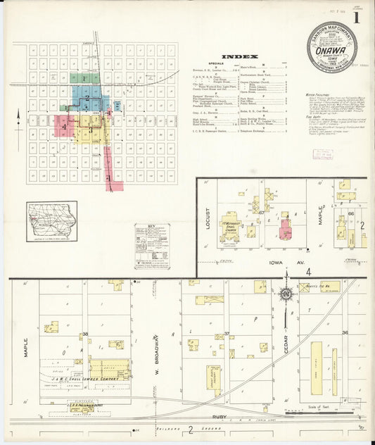 Sanborn Fire Insurance Map from Onawa, Monona County, Iowa (1913), Sheet #0001 - Historic Sanborn Fire Insurance Map Print, vintage old map wall art