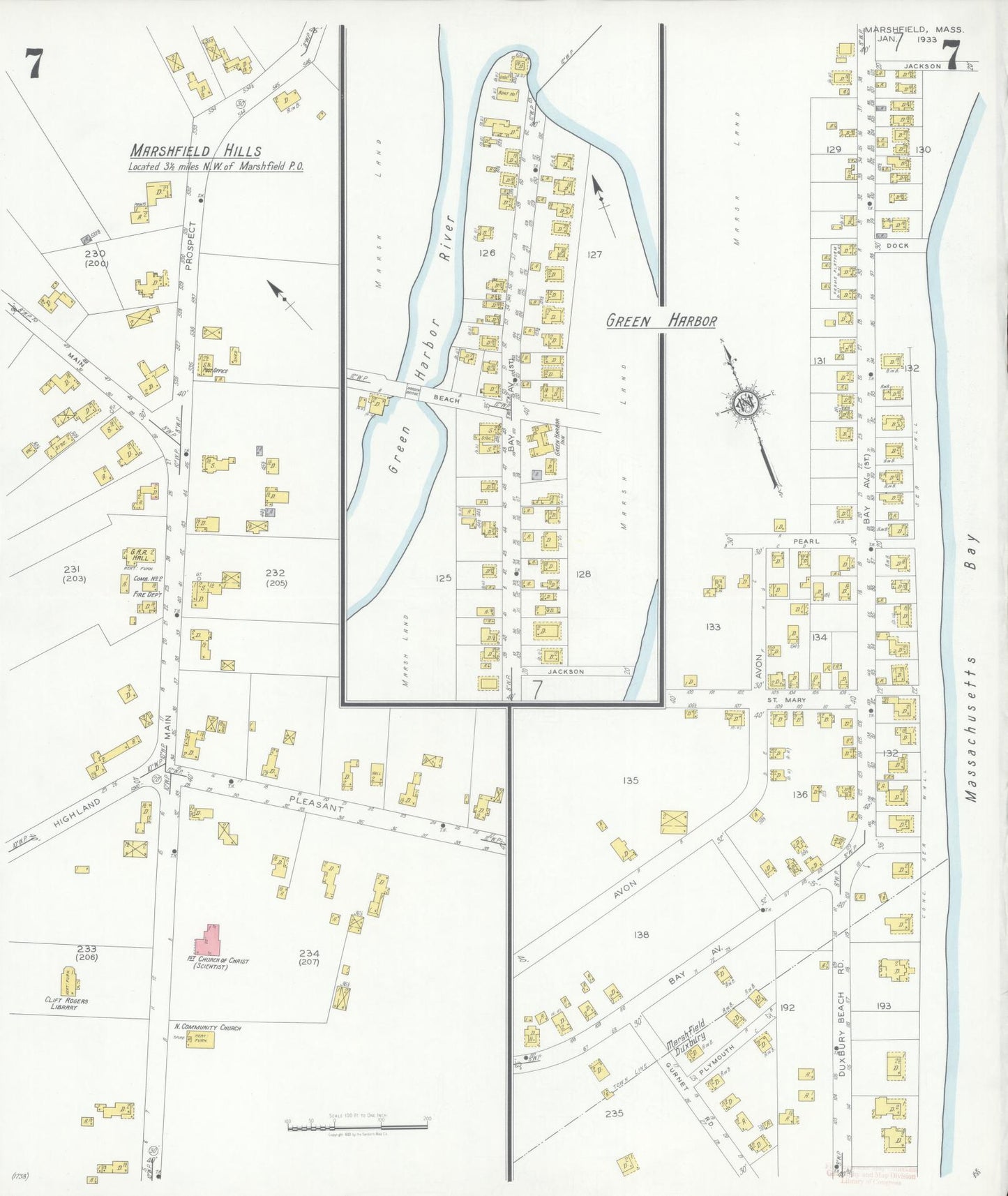 Sanborn Fire Insurance Map from Marshfield, Plymouth County, Massachusetts (1933), Sheet #0007 - Historic Sanborn Fire Insurance Map Print, vintage old map wall art, antique decor, genealogy gift, Massachusetts Massachusetts map