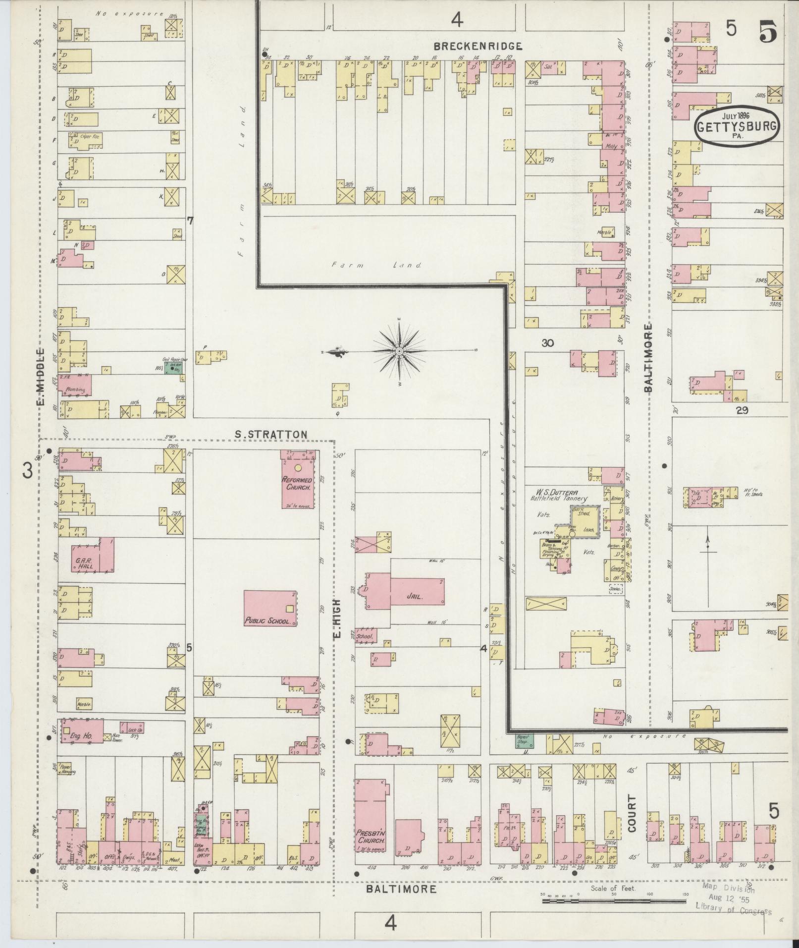 Sanborn Fire Insurance Map from Gettysburg, Adams County, Pennsylvania (1896), Sheet #0005 - Historic Sanborn Fire Insurance Map Print, vintage old map wall art, antique decor, genealogy gift, Pennsylvania Pennsylvania map