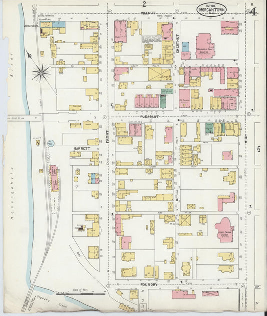 Sanborn Fire Insurance Map from Morgantown, Monongalia County, West Virginia (1904), Sheet #0004 - Historic Sanborn Fire Insurance Map Print, vintage old map wall art, antique decor, genealogy gift, West Virginia West Virginia map