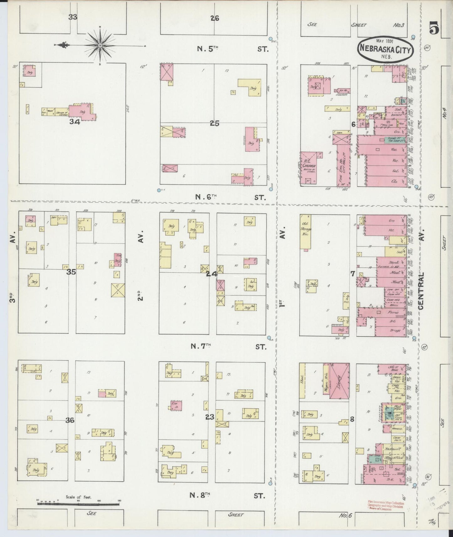 Sanborn Fire Insurance Map from Nebraska City, Otoe County, Nebraska (1891), Sheet #0005 - Historic Sanborn Fire Insurance Map Print, vintage old map wall art, antique decor, genealogy gift, Nebraska Nebraska map