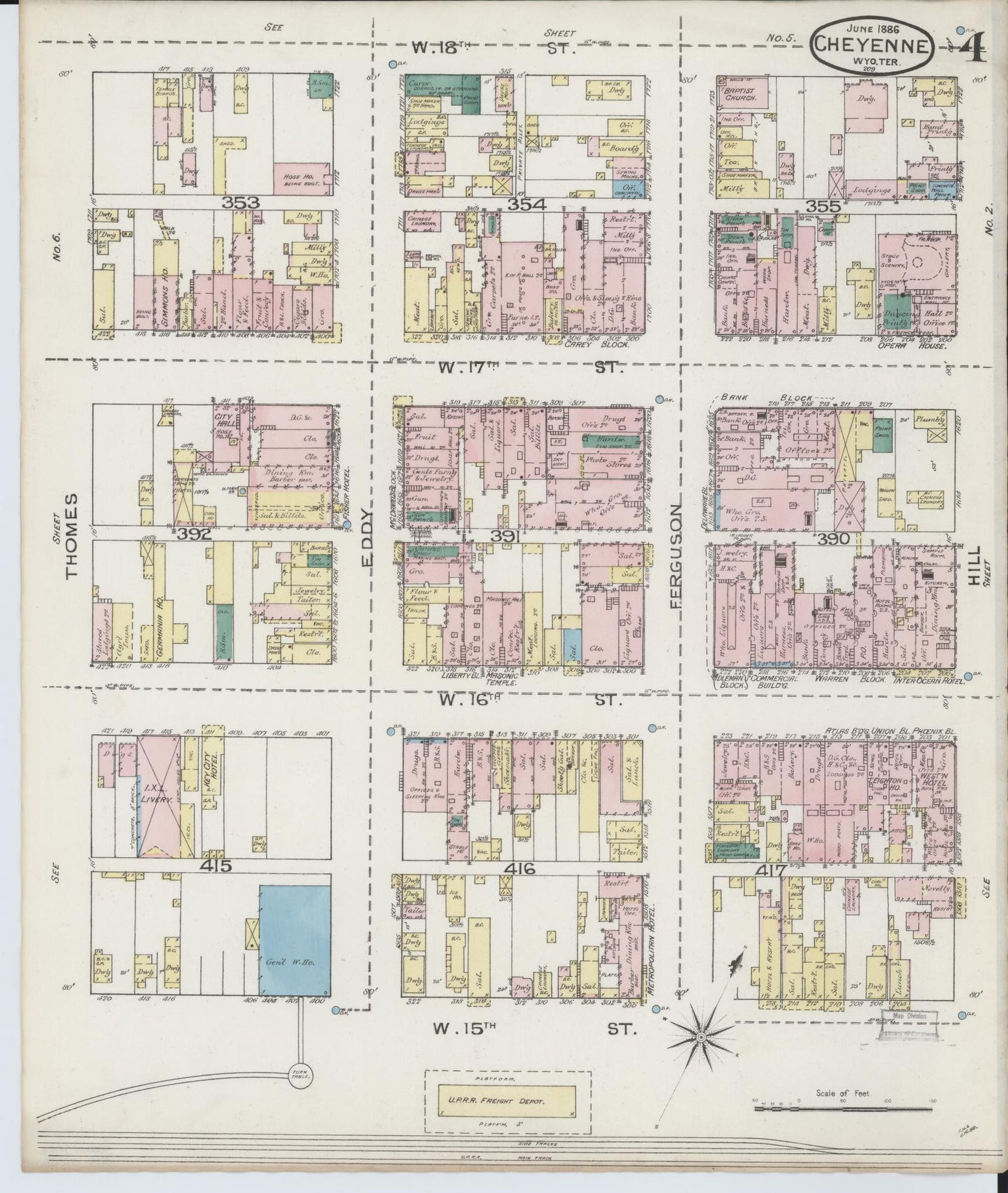Sanborn Fire Insurance Map from Cheyenne, Laramie County, Wyoming (1886), Sheet #0004 - Complete Map Set gallery image, historic Sanborn map, vintage wall art, Wyoming Wyoming