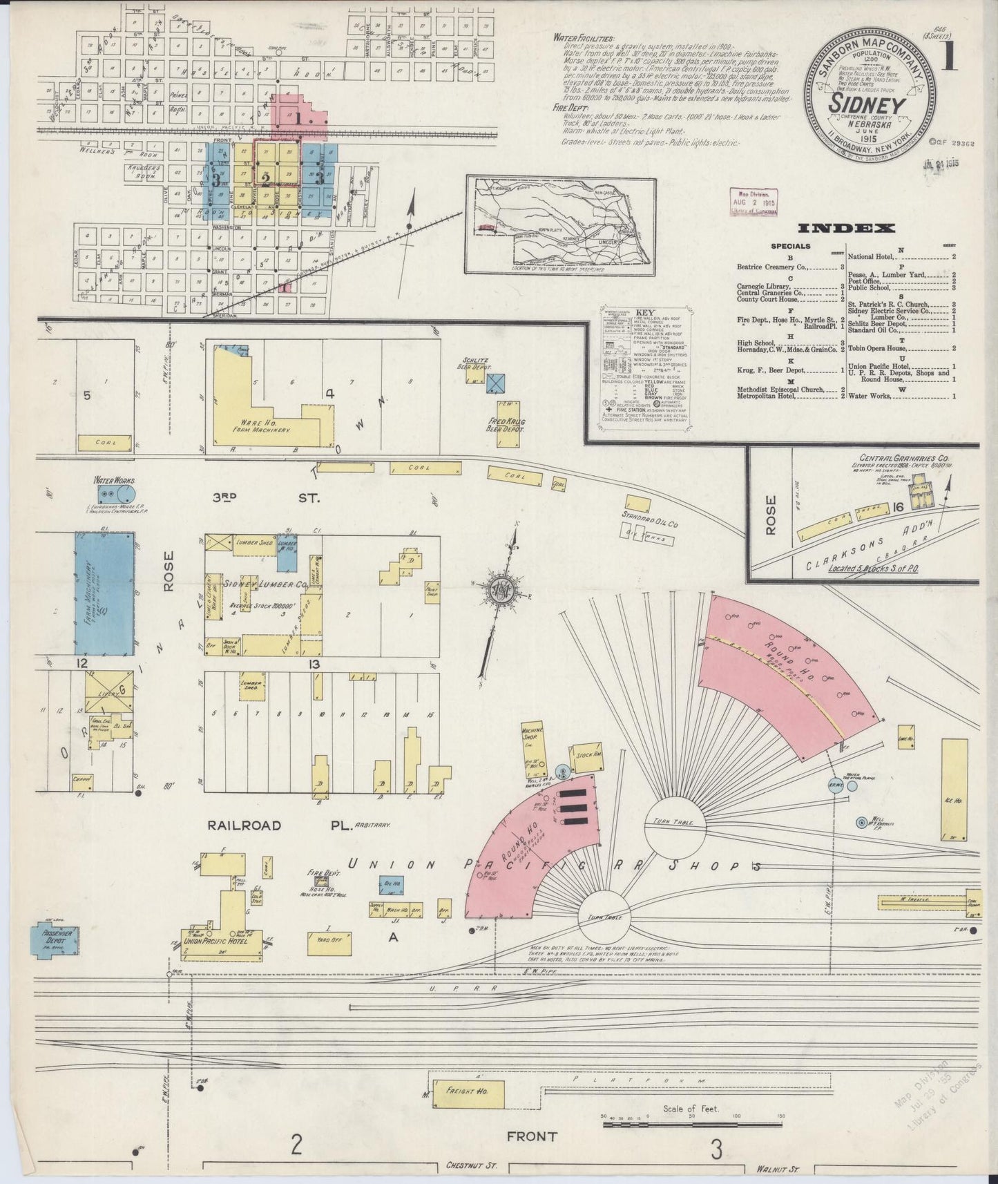 Sanborn Fire Insurance Map from Sidney, Cheyenne County, Nebraska (1915), Sheet #0001 - Complete Map Set gallery image, historic Sanborn map, vintage wall art, Nebraska Nebraska