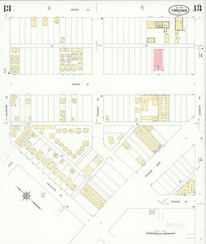 Sanborn Fire Insurance Map from Torrance, Los Angeles County, California (1929), Sheet #0013 - Complete Map Set gallery image, historic Sanborn map, vintage wall art, California California