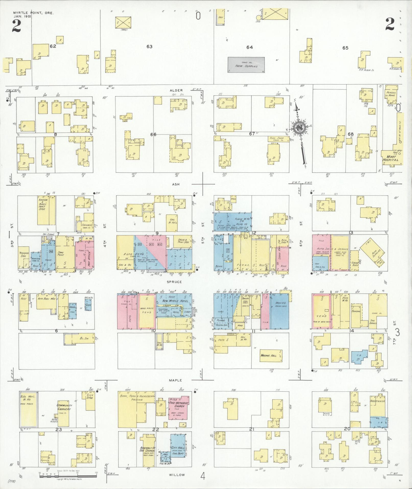Sanborn Fire Insurance Map from Myrtle Point, Coos County, Oregon (1951), Sheet #0002 - Historic Sanborn Fire Insurance Map Print, vintage old map wall art, antique decor, genealogy gift, Oregon Oregon map