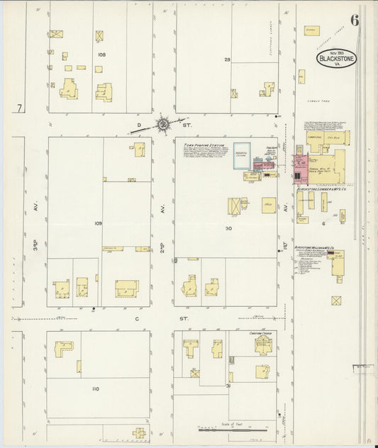 Sanborn Fire Insurance Map from Blackstone, Nottoway County, Virginia (1913), Sheet #0006 - Historic Sanborn Fire Insurance Map Print, vintage old map wall art, antique decor, genealogy gift, Virginia Virginia map