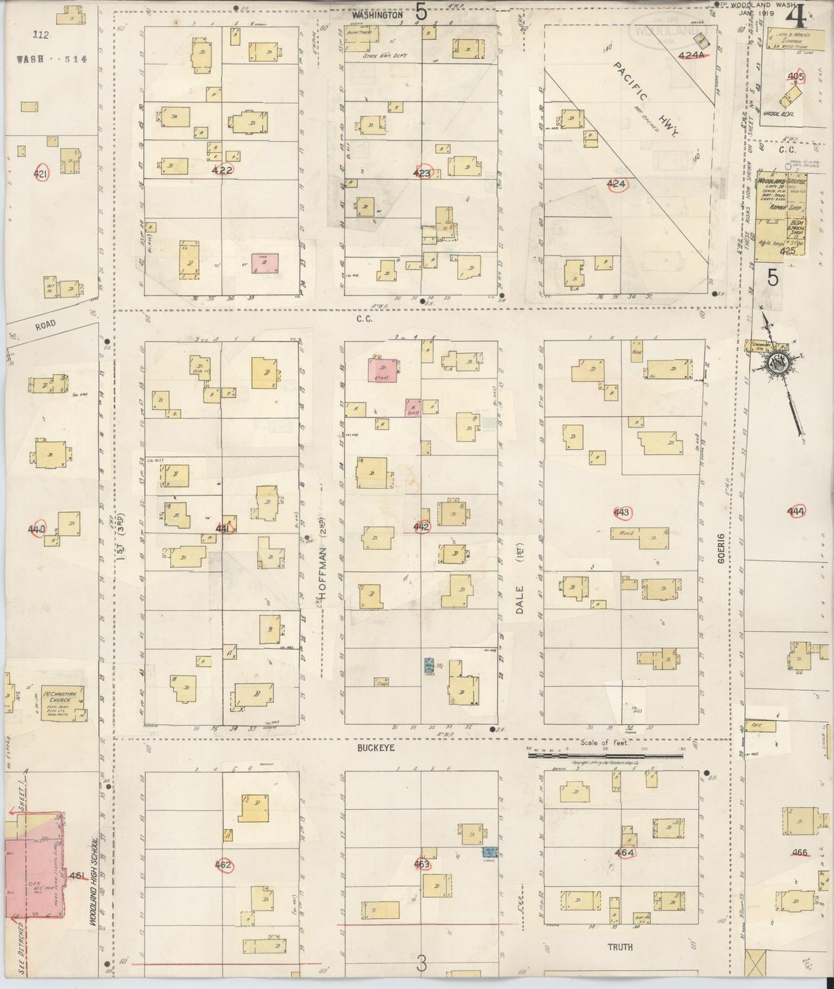Sanborn Fire Insurance Map from Woodland, Cowlitz County, Washington (1943), Sheet #0004 - Historic Sanborn Fire Insurance Map Print, vintage old map wall art, antique decor, genealogy gift, Washington Washington map