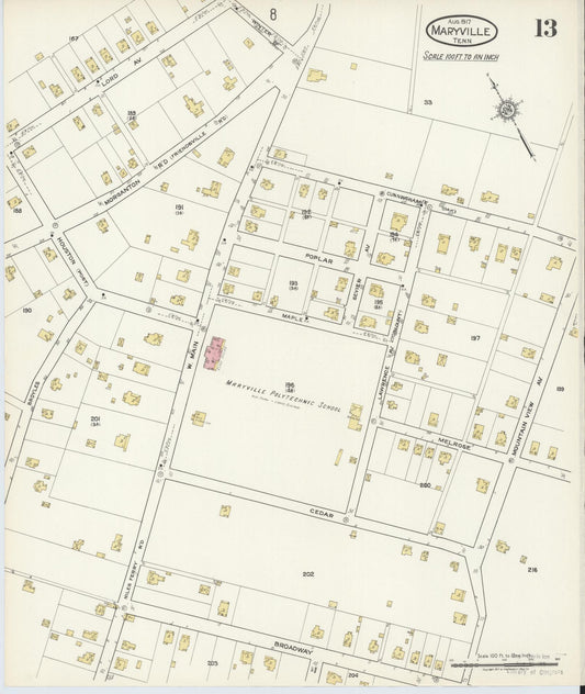 Sanborn Fire Insurance Map from Maryville, Blount County, Tennessee (1917), Sheet #0013 - Historic Sanborn Fire Insurance Map Print, vintage old map wall art, antique decor, genealogy gift, Tennessee Tennessee map