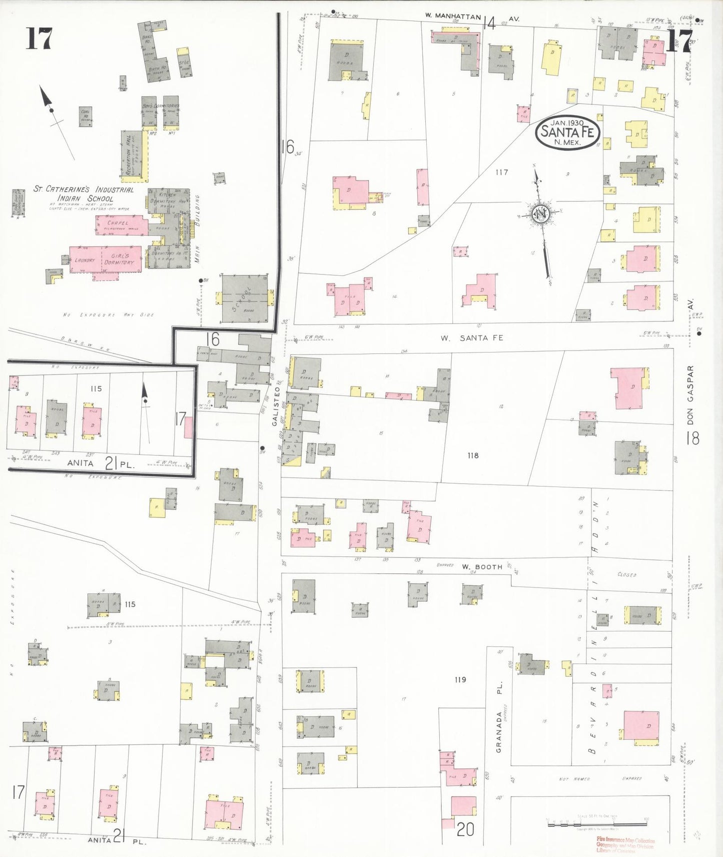Sanborn Fire Insurance Map from Santa Fe, Santa Fe County, New Mexico (1930), Sheet #0017 - Complete Map Set gallery image, historic Sanborn map, vintage wall art, New Mexico New Mexico