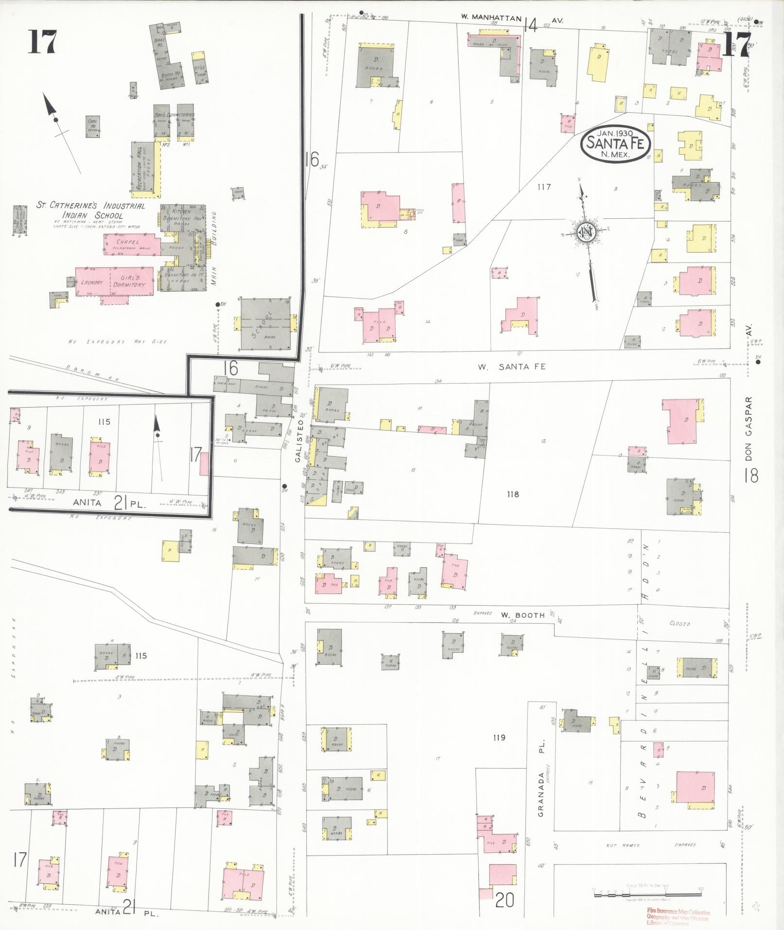 Sanborn Fire Insurance Map from Santa Fe, Santa Fe County, New Mexico (1930), Sheet #0017 - Complete Map Set gallery image, historic Sanborn map, vintage wall art, New Mexico New Mexico