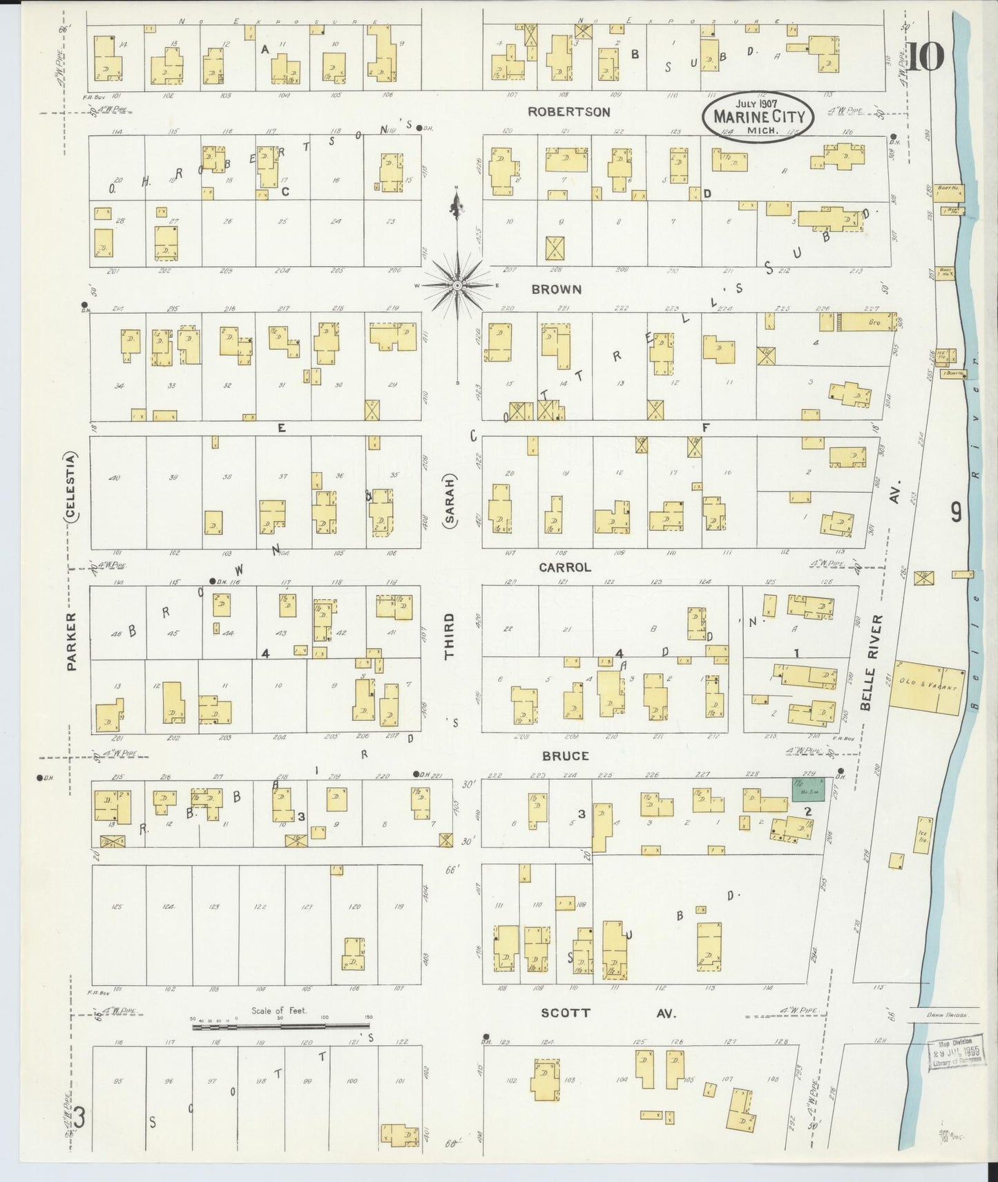 Sanborn Fire Insurance Map from Marine City, Saint Clair County, Michigan (1907), Sheet #0010 - Historic Sanborn Fire Insurance Map Print, vintage old map wall art, antique decor, genealogy gift, Michigan Michigan map