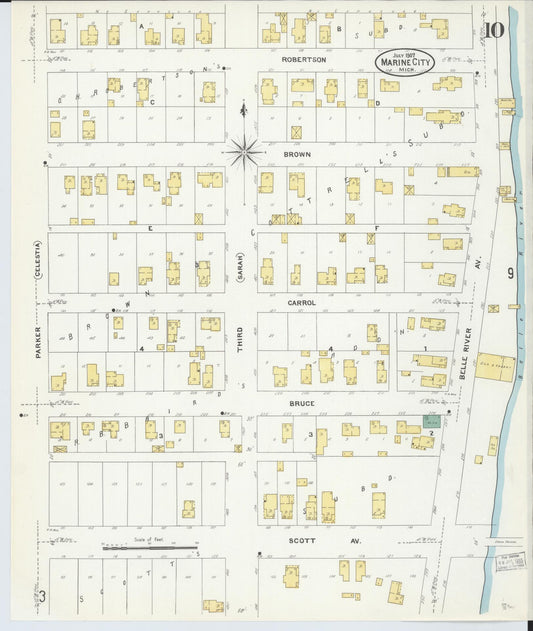 Sanborn Fire Insurance Map from Marine City, Saint Clair County, Michigan (1907), Sheet #0010 - Historic Sanborn Fire Insurance Map Print, vintage old map wall art, antique decor, genealogy gift, Michigan Michigan map