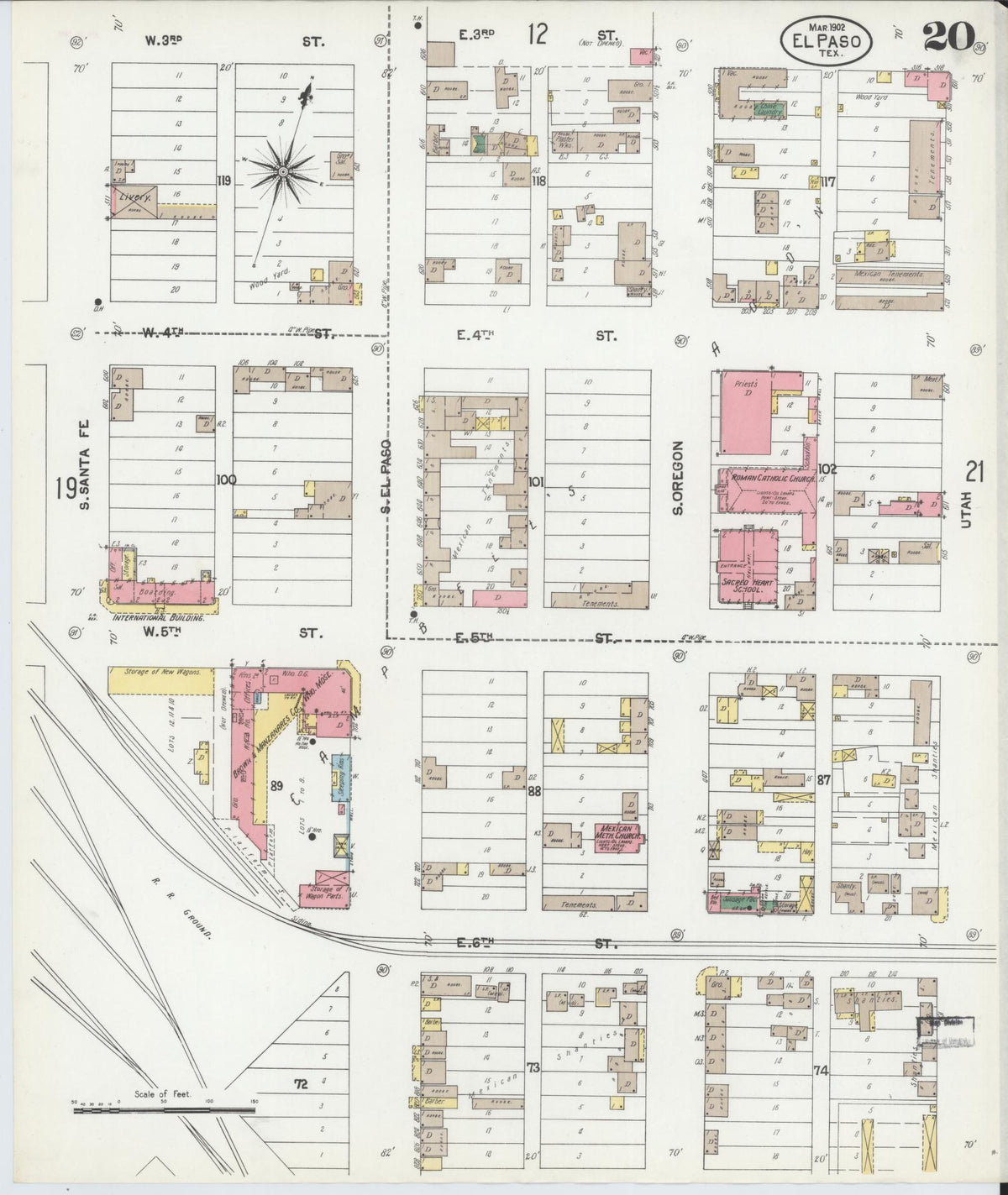 Sanborn Fire Insurance Map from El Paso, El Paso County, Texas (1902), Sheet #0020 - Historic Sanborn Fire Insurance Map Print, vintage old map wall art, antique decor, genealogy gift, Texas Texas map