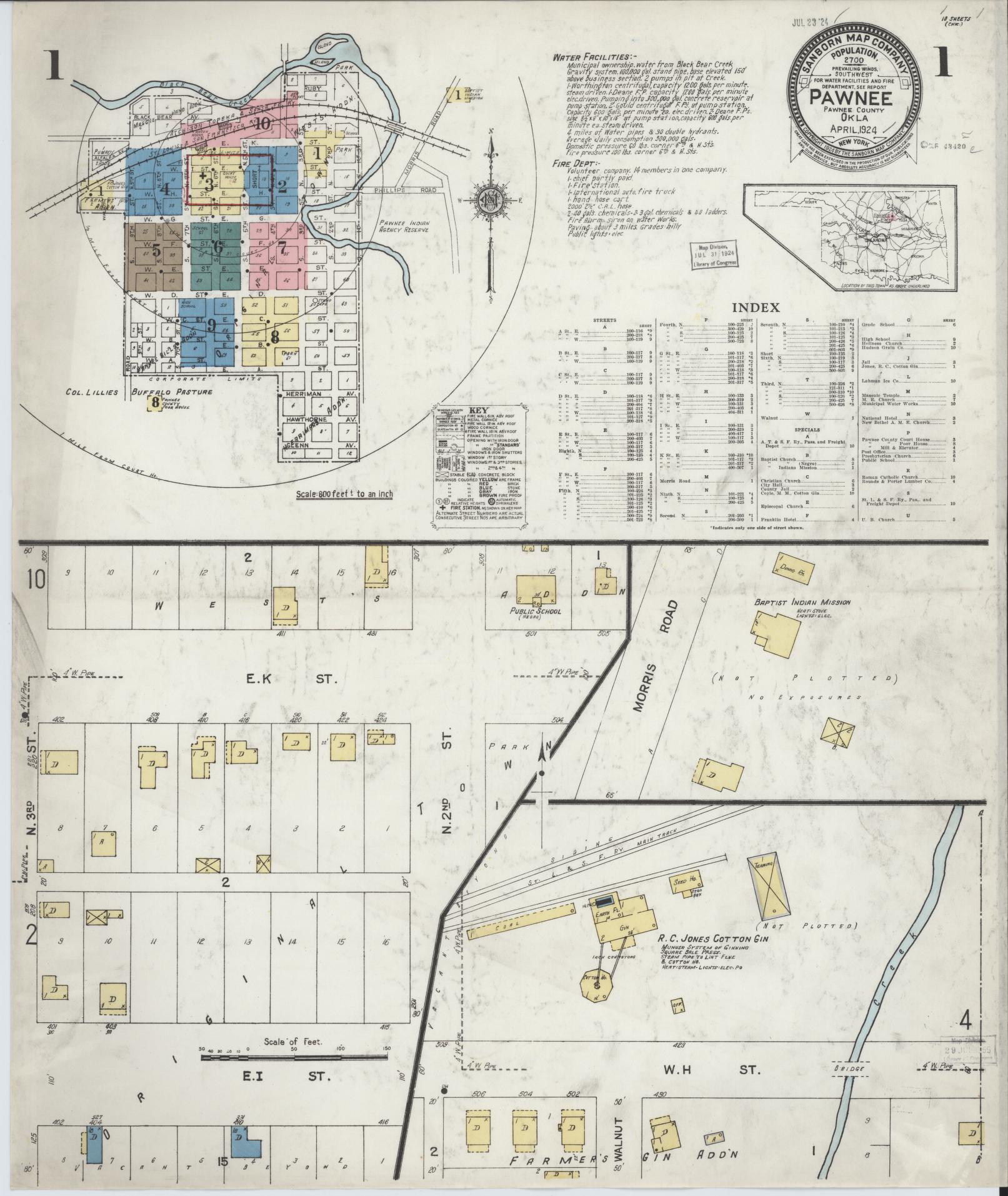 Sanborn Fire Insurance Map from Pawnee, Pawnee County, Oklahoma (1924), Sheet #0001 - Complete Map Set gallery image, historic Sanborn map, vintage wall art, Oklahoma Oklahoma