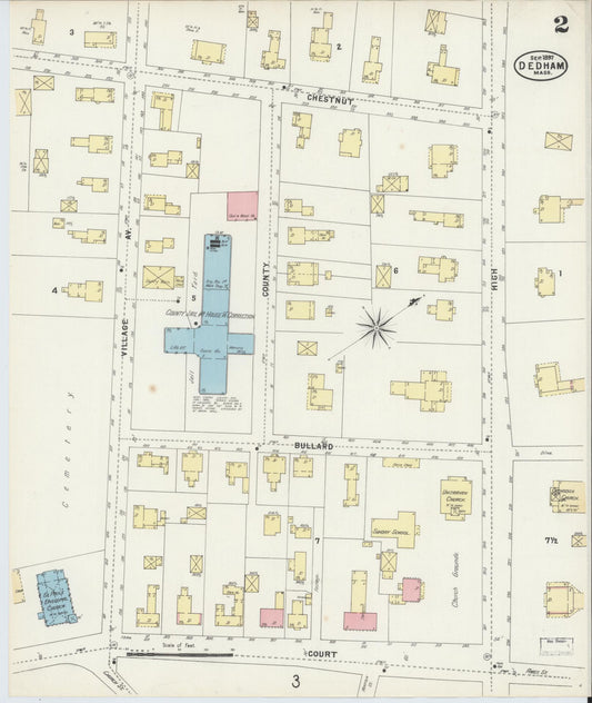 Sanborn Fire Insurance Map from Dedham, Norfolk County, Massachusetts (1897), Sheet #0002 - Historic Sanborn Fire Insurance Map Print, vintage old map wall art, antique decor, genealogy gift, Massachusetts Massachusetts map