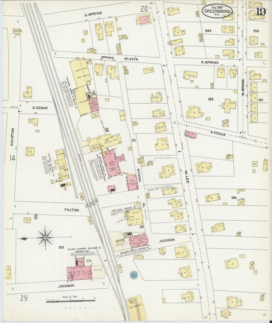 Sanborn Fire Insurance Map from Greensboro, Guilford County, North Carolina (1907), Sheet #0019 - Historic Sanborn Fire Insurance Map Print, vintage old map wall art, antique decor, genealogy gift, North Carolina North Carolina map