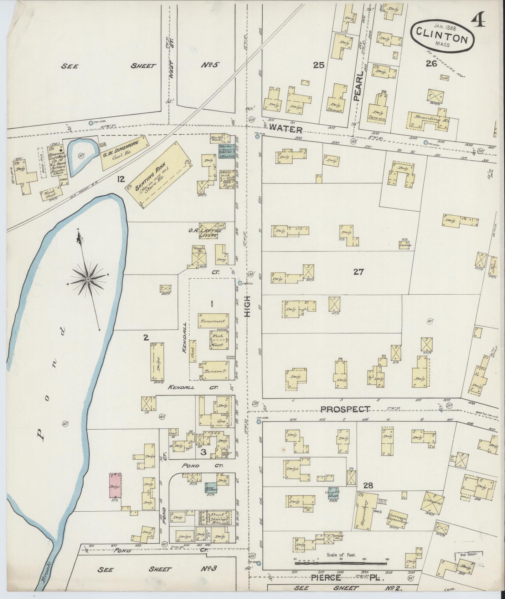 Sanborn Fire Insurance Map from Clinton, Worcester County, Massachusetts (1888), Sheet #0004 - Historic Sanborn Fire Insurance Map Print, vintage old map wall art, antique decor, genealogy gift, Massachusetts Massachusetts map