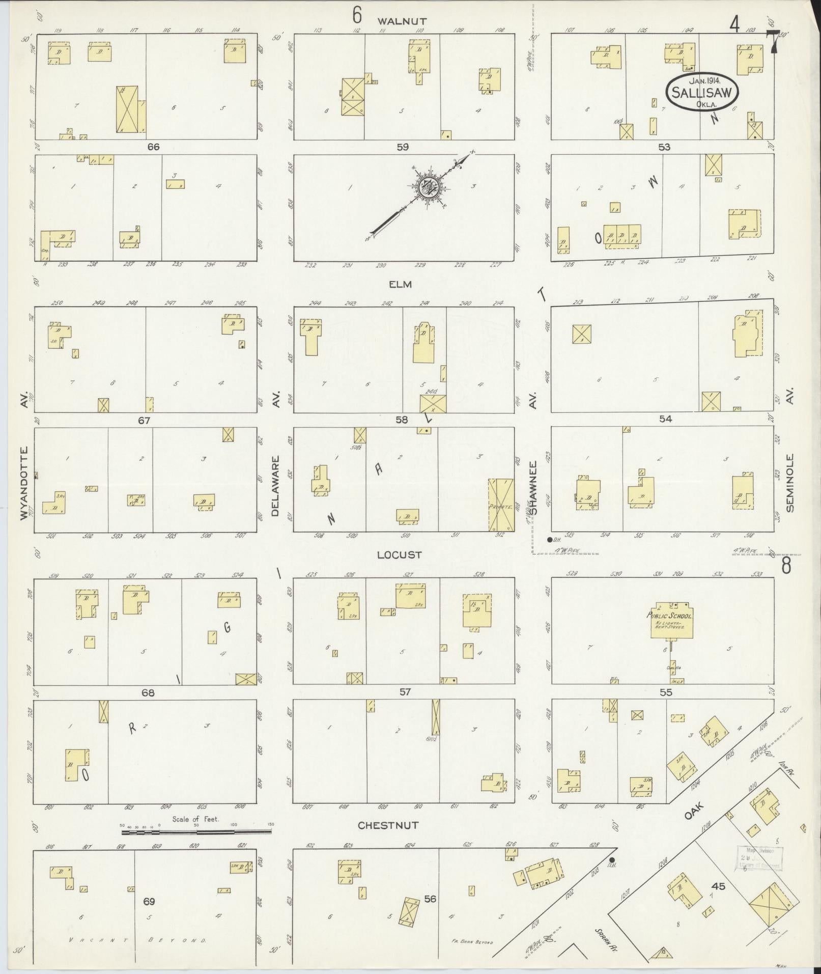 Sanborn Fire Insurance Map from Sallisaw, Sequoyah County, Oklahoma (1914), Sheet #0007 - Complete Map Set gallery image, historic Sanborn map, vintage wall art, Oklahoma Oklahoma