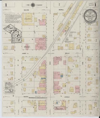 Sanborn Fire Insurance Map from Brown City, Sanilac County, Michigan (1924), Sheet #0001 - Historic Sanborn Fire Insurance Map Print, vintage old map wall art, antique decor, genealogy gift, Michigan Michigan map
