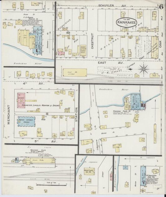 Sanborn Fire Insurance Map from Kankakee, Kankakee County, Illinois (1887), Sheet #0006 - Historic Sanborn Fire Insurance Map Print, vintage old map wall art, antique decor, genealogy gift, Illinois Illinois map